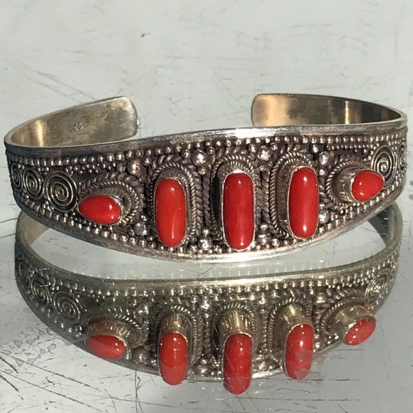 Genuine Coral Sterling Silver Cuff 925 Repousse - Picture 5 of 8